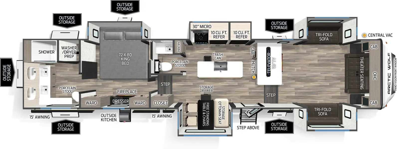 The Arctic Wolf 3950SUITE floorplan has one entry and five slide outs. Exterior features include: fiberglass exterior, 15' & 15' awning and outside kitchen. Interiors features include: kitchen island, free-standing dinette option, front living, rear bathroom and bathroom and a half.